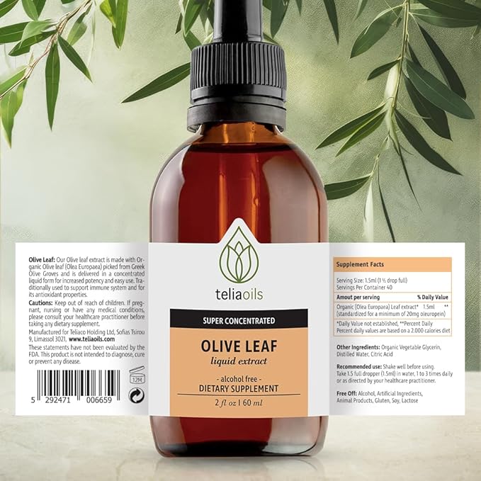 Teliaoils Premium Greek Olive Leaf Glycerin Extract, Rich in Antioxidant Oleuropein, Pure and Potent, Non-GMO, Vegan, Gluten-Free, Easy-to-Use, Alcohol-Free 2 fl oz. (60ml)