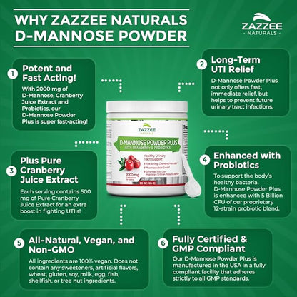 Zazzee D-Mannose Powder Plus, 2000 mg, 67 Servings, Potent & Fast-Acting, Plus 5 Billion CFU Probiotics and Pure Cranberry Juice Extract, Free Scoop, 6.5 Oz, Vegan, Gluten-Free, Non-GMO, All-Natural