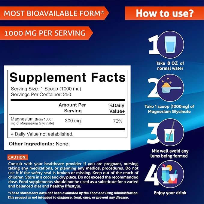 Vitamatic Magnesium Glycinate 1000mg per Serving Supports Muscle, Joint, and Heart Health 250 Grams - 250 Servings