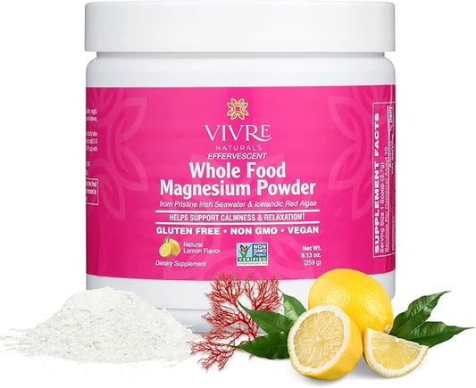 Effervescent Whole Food Magnesium Powder -Sustainably Sourced from Irish Seawater & Icelandic Red Algae - 350 mg per serving |Gentle on Stomach |Non-GMO, Vegan, Gluten-Free– 30 Servings