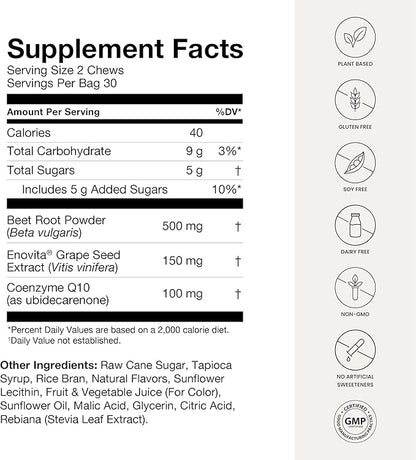 humanN SuperBeets Heart Chews Advanced - 3-in-1 Formula with Beetroot, Grape Seed Extract, & CoQ10, 60 Count
