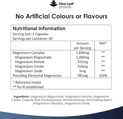 Magnesium Glycinate 4-in-1 Complex 2000mg - 449mg Elemental Magnesium High Strength Magnesium Supplements - Magnesium Bisglycinate,Citrate, Malate, Oxide - 120 Capsules - Vegan UK Made by New Leaf