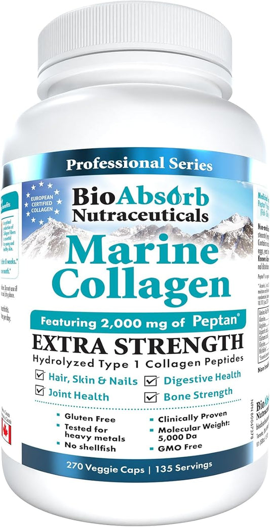 Bio Absorb Marine Collagen Capsules, Mercury Free, No Fish Aftertaste, 67-Day Supply of Hydrolyzed Marine Collagen Powder, Type 1 Marine Collagen Peptides (270 Pills of Fish Collagen Powder)
