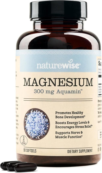 NatureWise High Absorption Marine Magnesium Supplement 300mg - Naturally Sourced, Clinically Tested Magnesium from Seawater - Non-GMO, USA Manufactured - 90 Softgels[1-Month Supply]