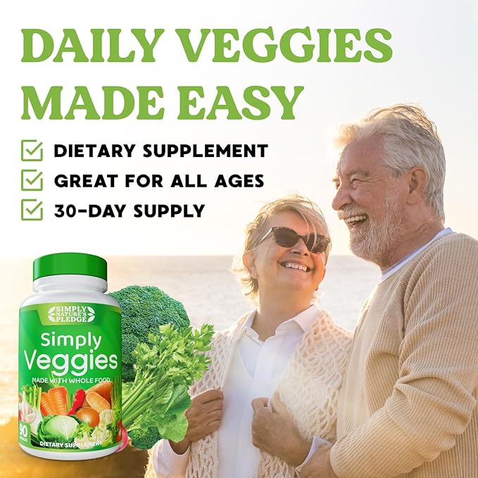 Simply Nature's Pledge - 90 Veggie Capsules- 2 Month Supply - Made with Whole Food Superfoods, Packed with Beta Carotene & 18 Different Vegetables - 100% Soy Free