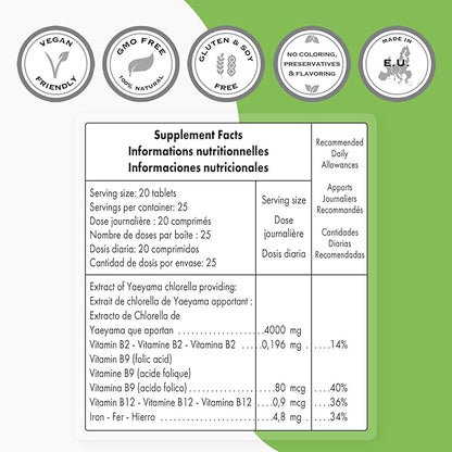 Supersmart - Chlorella Supplement 4 g per Day (Easy-to-Take) - Rich in Vitamin B2, B9, B12 & Iron - High Chlorophyll Concentration | Non-GMO & Gluten Free - 500 Tablets
