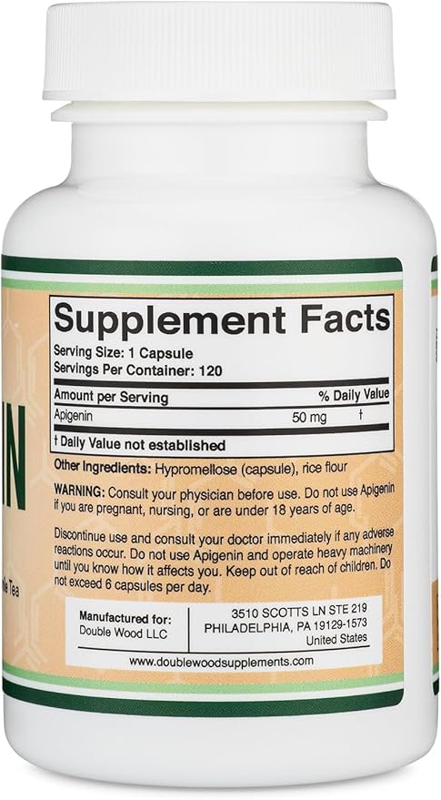 Apigenin Supplement - 50mg per Capsule, 120 Count (Powerful Bioflavonoid Found in Chamomile Tea for Relaxation, Sleep, and Mood) Senolytic Flavonols for Aging (Gluten Free) by Double Wood
