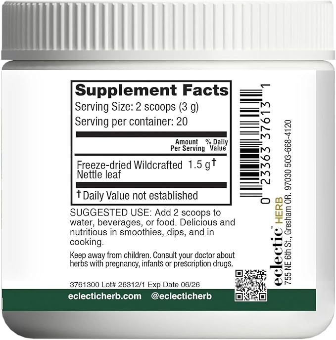 Eclectic Institute Raw Fresh Freeze-Dried Nettle Leaf Whole Food Powder | 2.1 oz (60 g)