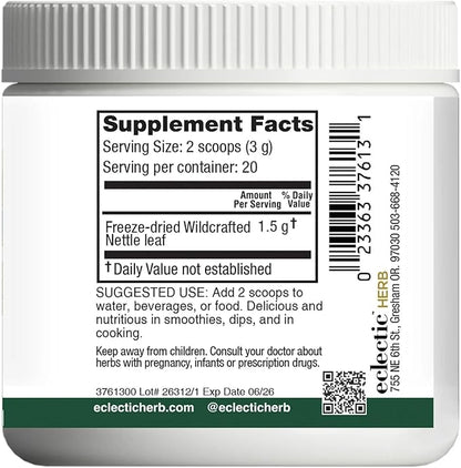 Eclectic Institute Raw Fresh Freeze-Dried Nettle Leaf Whole Food Powder | 2.1 oz (60 g)