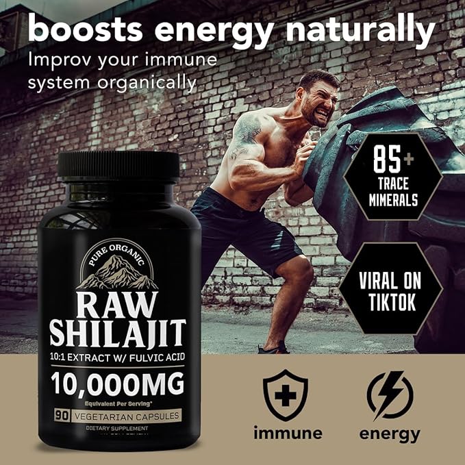 Highest Grade Shilajit with 85+ Trace Minerals (90 Vegan Capsules, 1000mg 10:1 Gold Standard Extract per Serving) with Fulvic Acid for Powerful Energy and Immune Support.