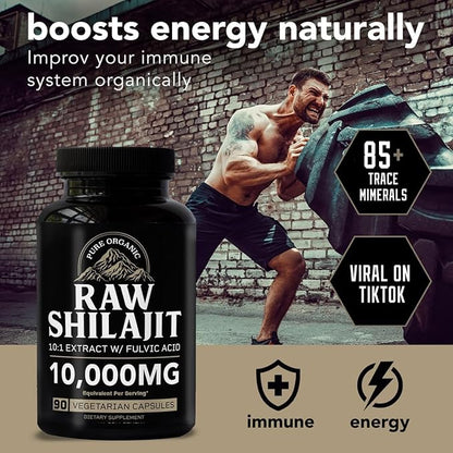 Highest Grade Shilajit with 85+ Trace Minerals (90 Vegan Capsules, 1000mg 10:1 Gold Standard Extract per Serving) with Fulvic Acid for Powerful Energy and Immune Support.