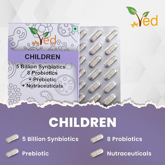 Ved Children Complex Probiotics and Prebiotics Complex - 5 Billion CFU - 20 Live Bacterial Cultures - 28 Probiotic Complex Capsules for Children - Lactobacillus helveticus, Silicon Dioxide