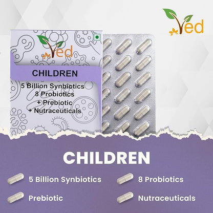 Ved Children Complex Probiotics and Prebiotics Complex - 5 Billion CFU - 20 Live Bacterial Cultures - 28 Probiotic Complex Capsules for Children - Lactobacillus helveticus, Silicon Dioxide
