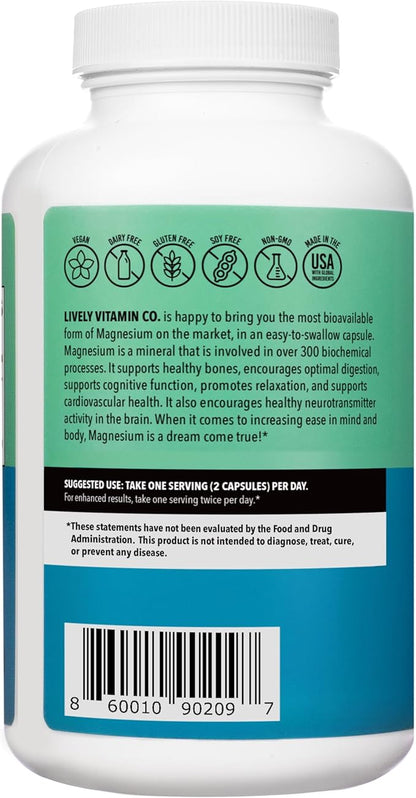 Lively Vitamin Co. Magnesium Ease - Chelated - Highly Bioavailable - Tension - Stress - Nerves - Immune Function - RLS - Gluten Dairy Soy Free - Non-GMO - 180 Vegan Capsules