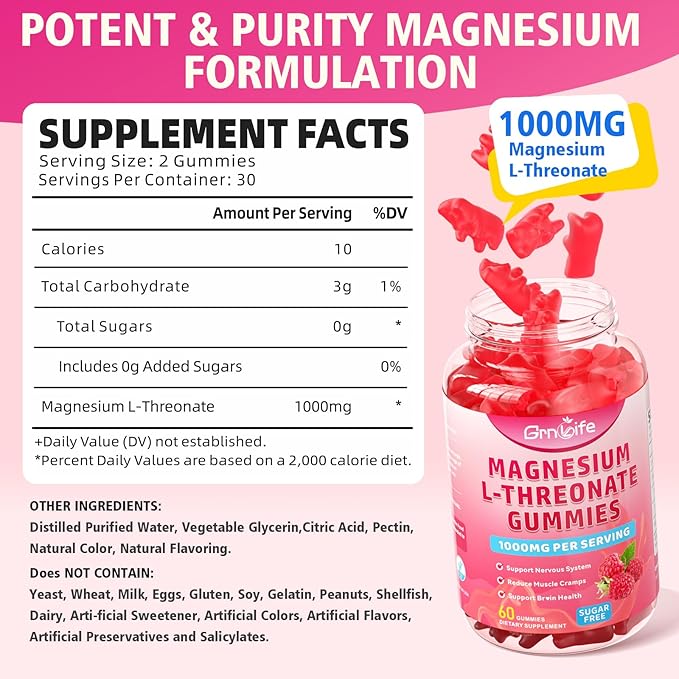 Magnesium L-Threonate Gummies 1000MG, Magnesium Threonate Supplement for Kids & Adults, Muscle & Nervous System Support, Sugar-Free, Raspberry Flavor, 60 Count