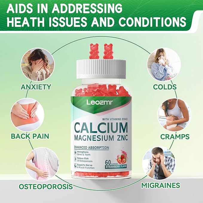 Calcium Magnesium Zinc Gummies with Vitamin D3 & K2 - High Potency Enhanced Absorption -120 Strawberry Gummies Flavored
