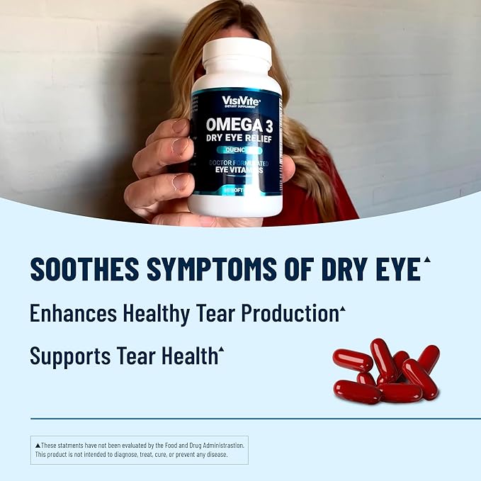 Omega 3 Dry Eye Supplements with EPA and DHA - VisiVite Dry Eye Relief Quench+ Eye Vitamins for dry eyes with Omega 3 Supplement - Dry Eye vitamins Made with Omega 3 Fish Oil - 60 Softgels.