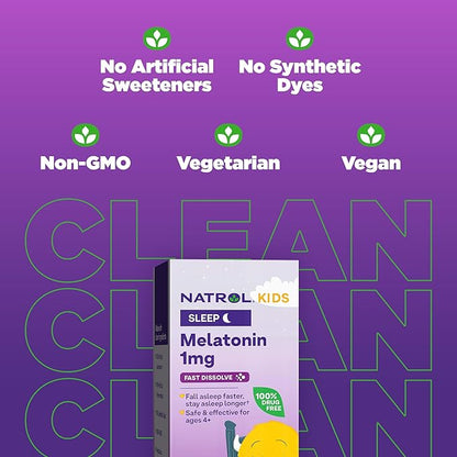 Natrol Kids Fast Dissolve Melatonin 1 mg, Dietary Supplement for Restful Sleep, Sleep Tablets for Kids, 30 Strawberry-Flavored Melatonin Tablets, 30 Day Supply