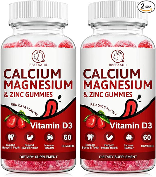 Calcium, Magnesium, Zinc & Vitamin D Gummies - 2 Pack | Vitamins for Women, Men & Kids | Calcium Supplements for Strong Healthy Bones, Zinc Gummies, Gluten-Free, Vegan - 120 Count