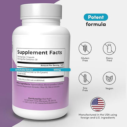 Artichoke 500 mg Supplement - Potent Artichoke Extract Capsules for Liver Health & Digestive Support - Artichoke Leaf Extract Promotes Energy & Focus - 30 Capsules