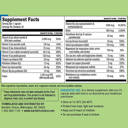 Bariatric Choice Once-Daily Bariatric Multivitamin with 45 mg of Iron | Easy to Swallow Capsule | Vitamin for Bariatric Surgery Patients | 30 Count (1-Month Supply)