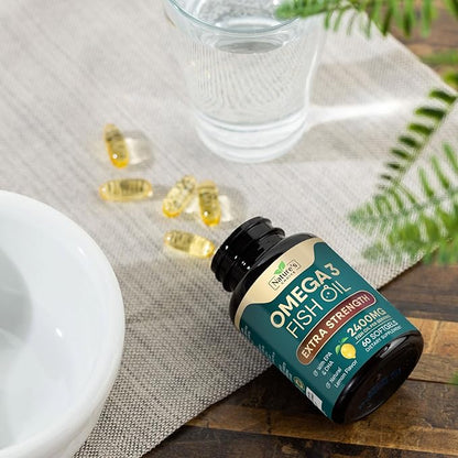 Triple Strength Omega 3 Fish Oil Supplement, EPA & DHA Fish Oil Omega 3 Essential Fatty Acids Supplement Softgels, 2400 mg Brain & Heart Health Support Supplements, Gluten Free, Non-GMO, 60 Softgels