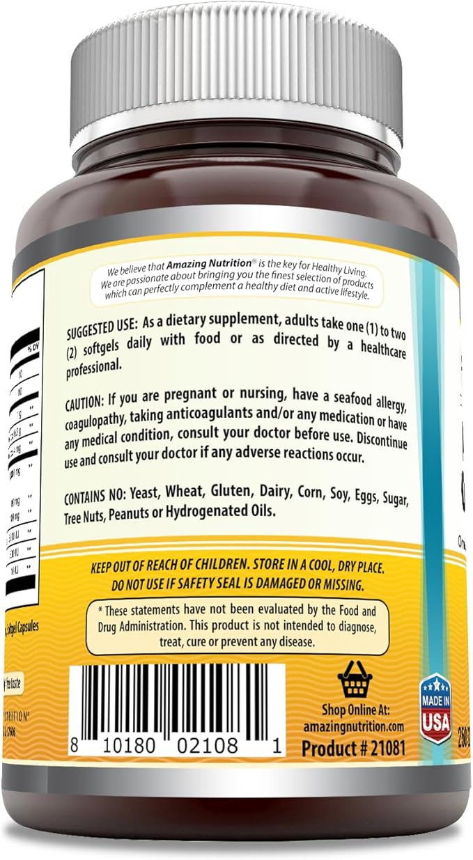 Amazing Omega Norwegian Cod Liver Oil 1000 Mg Softgels Supplement | Omega-3, EPA, DHA, Vitamin A, Vitamin D & Vitamin E (Orange | 250 Count)