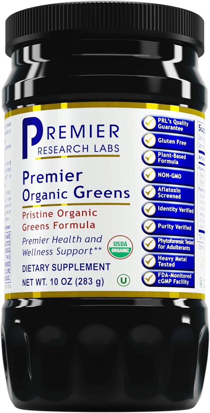 Premier Research Labs Premier Organic Greens - Super Greens Powder, Greens Superfood Powder for Drinks, Green Juice, Nutrition Support, Supergreens for Men & Women, Spinach, Alfalfa, Chlorella - 10 oz