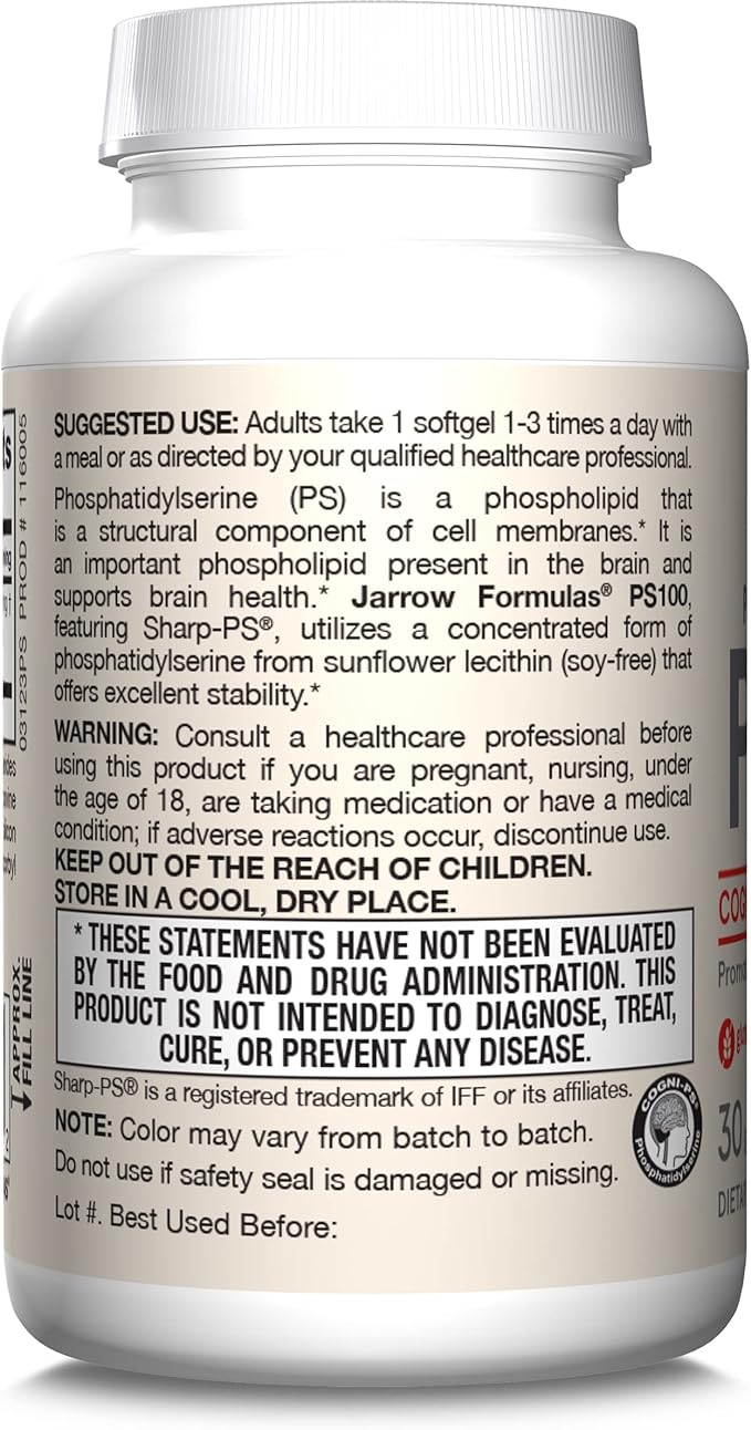 Jarrow Formulas PS100 Phosphatidylserine 100 mg, Dietary Supplement for Brain Health and Cognition Support, 30 Softgels, 10-30 Day Supply