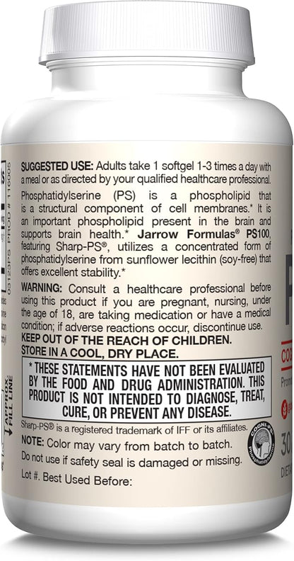 Jarrow Formulas PS100 Phosphatidylserine 100 mg, Dietary Supplement for Brain Health and Cognition Support, 30 Softgels, 10-30 Day Supply