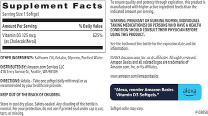 Amazon Basics Vitamin D3 125 mcg, 60 Softgels (1 per Serving), Gluten Free (Pack of 2)
