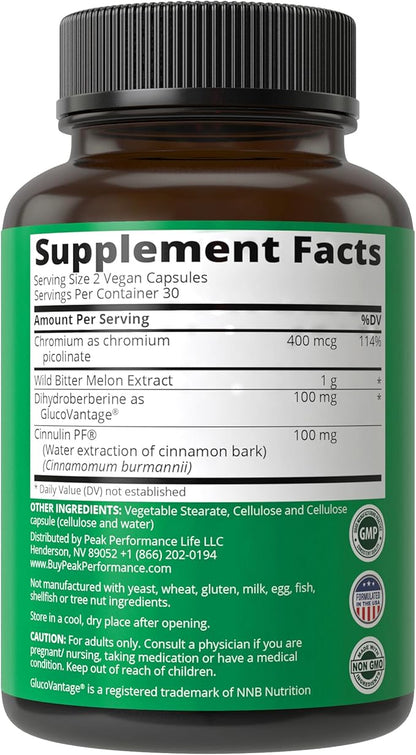 Ultra High Strength 4-In-1 Super Berberine Patented GlucoVantage® + Wild Bitter Melon + Cinnamon Extract + Chromium Picolinate Vegan Capsules. Great Supplement to Support After-Meal Spikes and Energy