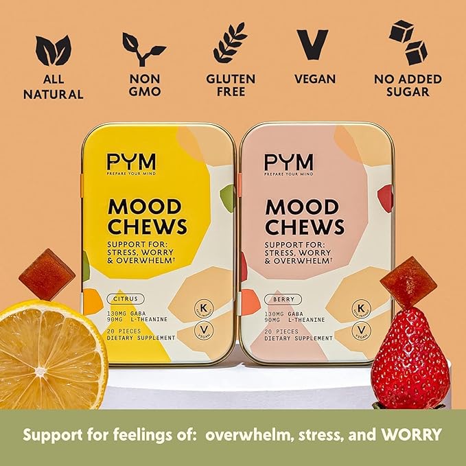 PYM Citrus Mood Chews Support for Stress, Worry & Overwhelm, 60 Count | 130mg GABA, 90mg L-Theanine | Vegan, Non-GMO, Gluten-Free, No Added Sugar | All-Natural Mood Balance Supplement Made in USA