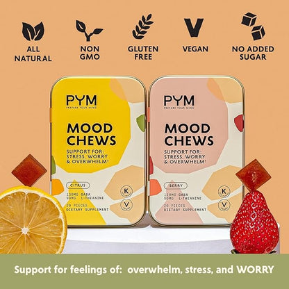 PYM Citrus Mood Chews Support for Stress, Worry & Overwhelm, 60 Count | 130mg GABA, 90mg L-Theanine | Vegan, Non-GMO, Gluten-Free, No Added Sugar | All-Natural Mood Balance Supplement Made in USA