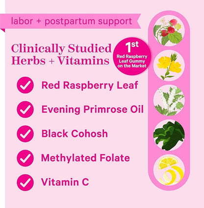 Pink Stork Red Raspberry Leaf Gummies - Third Trimester Labor Prep + Postpartum Mood Essentials with Evening Primrose Oil + Black Cohosh - 60 Vegan Gummy Supplements, Non-GMO