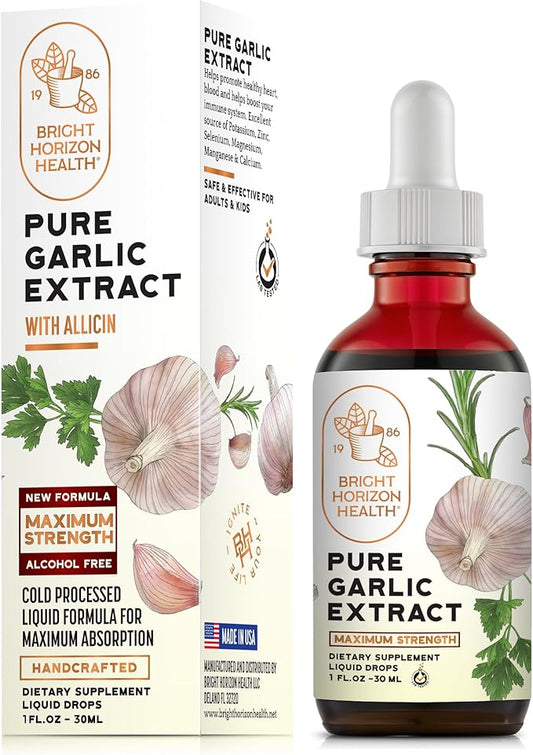 Bright Horizon Health Pure Garlic Extract – Allicin Supplement – Immune Support. Alcohol-Free Formula, Vegan, Raw, Superfood – Liquid Garlic Oil Drops - 1 fl.oz