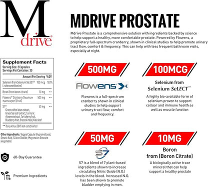 Mdrive Prostate Prostate Support Supplement for Men's Health, Promotes Urinary Tract Health, Supports Normal Flow, Frequency & Bladder Emptying, Flowens Cranberry Extract, S7 N.O. Booster, 60 Capsules
