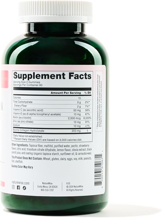 NatureWise Collagen Gummies - Sugar-Free Hydrolyzed Collagen Gummies - Type 1 & 3 Peptides for Women + Biotin, Vitamin C, E, & Zinc for Hair Skin and Nails Support - 180 Count[3-Month Supply]