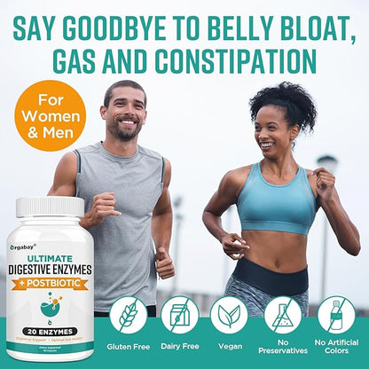Digestive Enzymes 1000mg with Postbiotics, 20 Enzyme Blend for Bloating, Optimal Digestion and Gut Function, 60 Veggie Capsules