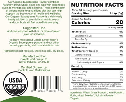 Cherie Sweet Heart Supergreens Powder - Green Superfood - Organic Greens Powder Super Greens - Smoothie Powder - Superfood Powder - Powdered Greens - 6 oz Super Greens Powder - 34 Servings