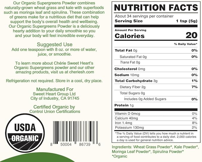 Cherie Sweet Heart Supergreens Powder - Green Superfood - Organic Greens Powder Super Greens - Smoothie Powder - Superfood Powder - Powdered Greens - 2.25LB Super Greens Powder - 204 Servings