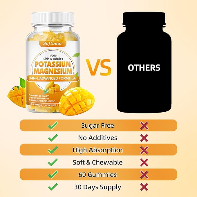 softbear Potassium Magnesium Gummies for Women, Calcium Magnesium Potassium Supplements with Vitamins Sugar-Free Potassium Citrate Gummies Support Muscle Health, Mango Flavor 120 Count