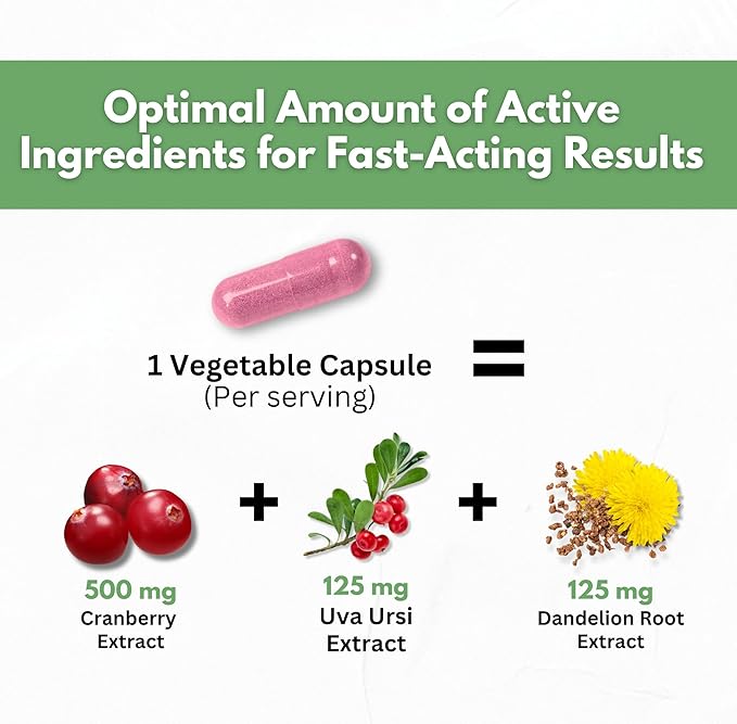 Cranberry Extract Pills - Super Strength 50:1 Whole Fruit Concentrate Equals to 25,000mg of Fresh Cranberries Plus Dandelion & Uva Ursi - Natural UTI Support - Kidney Cleanse & Urinary Tract Health