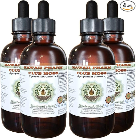 Hawaii Pharm Club Moss Alcohol-Free Liquid Extract, Club Moss (Lycopodium clavatum) Dried Whole Herb Glycerite Natural Herbal Supplement 4x4 oz