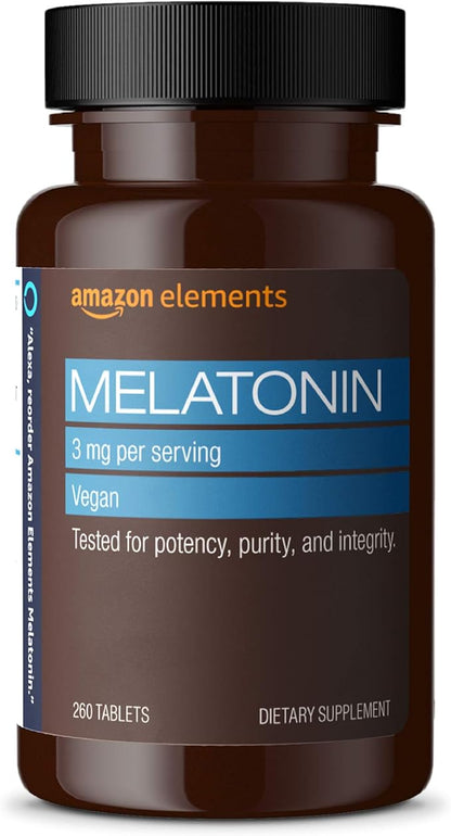 Amazon Elements Melatonin 3mg, Helps with occasional sleeplessness, Vegan, Unflavored, 260 Tablets, 8 month supply (Packaging may vary)