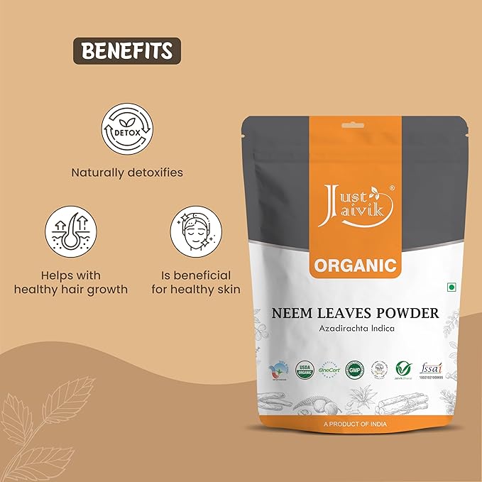 Just Jaivik 100% Organic Neem Leaves Powder - USDA Certified Organic, 227 GMS / 1/2 LB Pound / 08 Oz - Azadirachta Indica - Promoting Healthy Hair and Clear Skin (an USDA Organic Certified Herb)