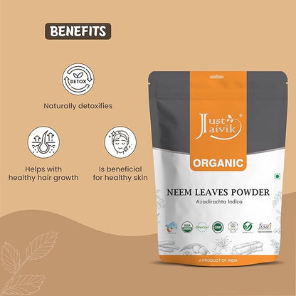 Just Jaivik 100% Organic Neem Leaves Powder - USDA Certified Organic, 227 GMS / 1/2 LB Pound / 08 Oz - Azadirachta Indica - Promoting Healthy Hair and Clear Skin (an USDA Organic Certified Herb)