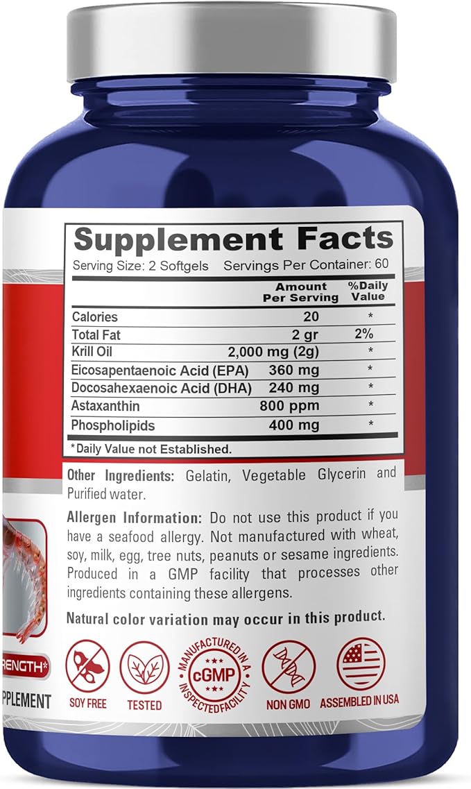 NusaPure Antarctic Krill Oil 2000 mg 120 Softgels, Omega-3 EPA 360mg, DHA 240mg, Soyfree Astaxanthin Supplement Sourced from Krill 800ppm