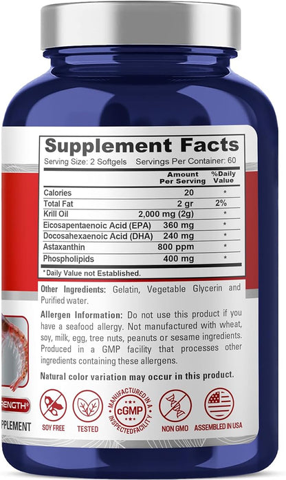 NusaPure Antarctic Krill Oil 2000 mg 120 Softgels, Omega-3 EPA 360mg, DHA 240mg, Soyfree Astaxanthin Supplement Sourced from Krill 800ppm