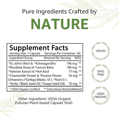 MoodBliss Mood Support Supplement, USA-Made USDA Organic Plant-Based Superfood for Stress Relief, Calm Mind & Body w/St John’s Wort Rhodiola Ashwagandha Valerian Medicinal Oils & More 60 ct